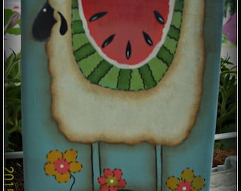 Sheep Watermelon Flowers Wood Shelf Sitter Block Primitive Home Decor