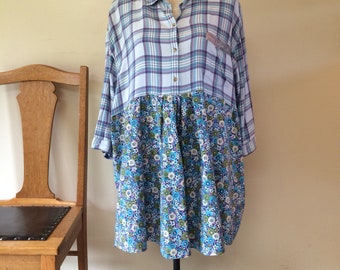 Upcycled plaid shirt floral tunic pockets XL plus size