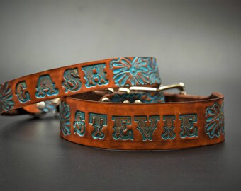 Leather Dog Collar Personalized ( Name Dog Collar ~ Turquoise Leather Dog Collar ~ Western Dog Collar ~ 1950s name on belt Dog Collar )