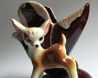 Vintage Brown Ceramic Vase with Fawn Figurine - Made in Japan