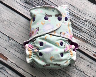 Fitted Cloth Diaper - Stay Dry Liner - Overnight Fitted - Optional Hemp or Bamboo Insert - Unicorn Emoji Moons