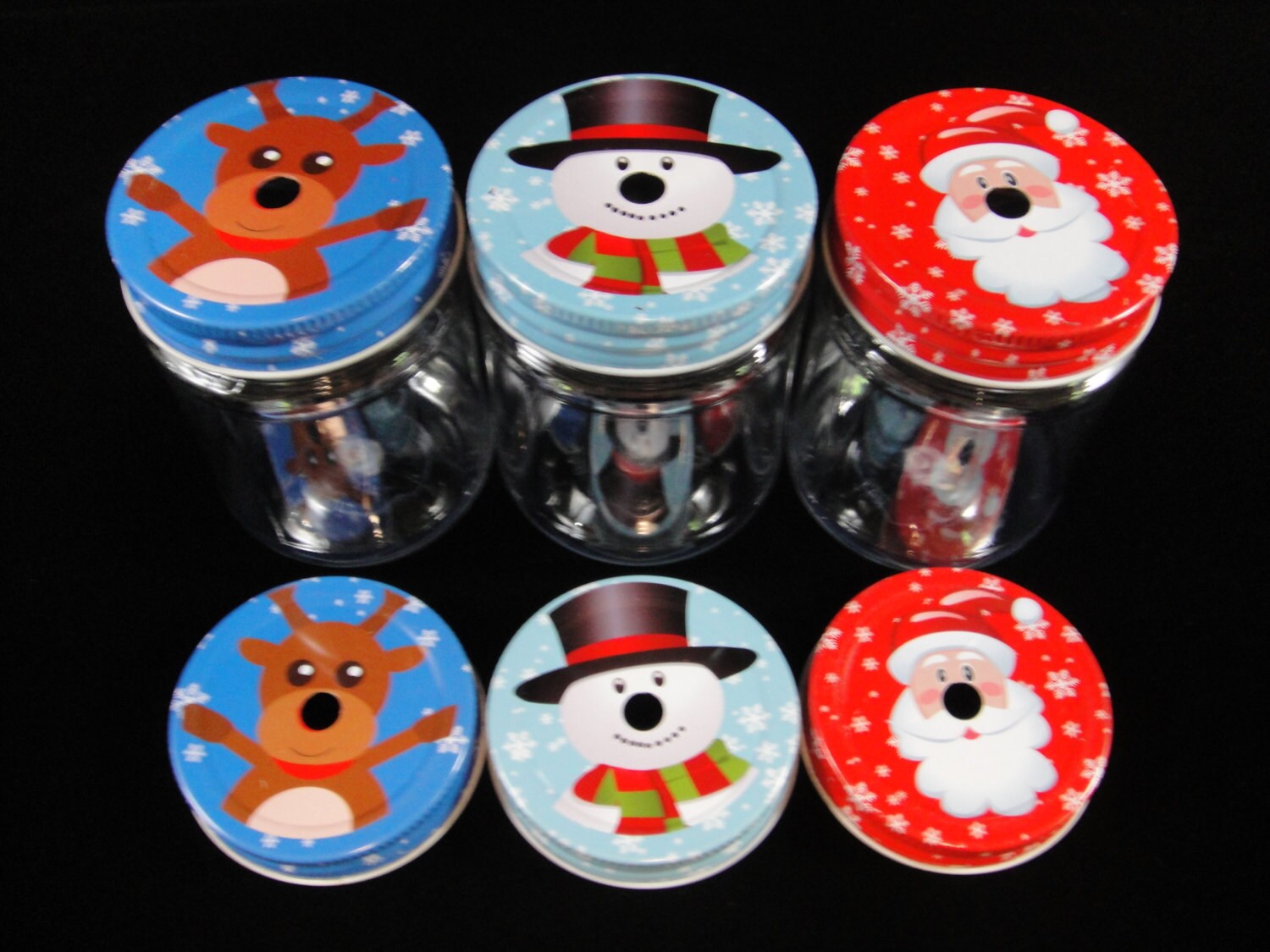 SIX Plastic Mason Jars w/Christmas Lids Christmas Mason