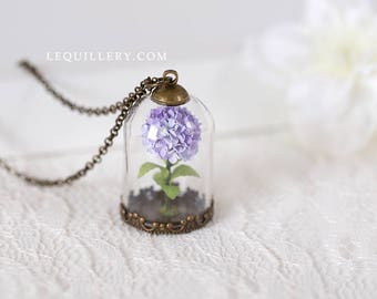 Paper hydrangea necklace, Miniature terrarium jewelry, Handmade paper flower necklace, Glass globe pendant, First Anniversary Gift for Her