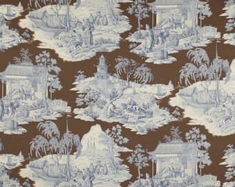 MANUEL CANOVAS TORTUGA Chinoiserie Oriental Toile Fabric 10 Yards Blue Brown