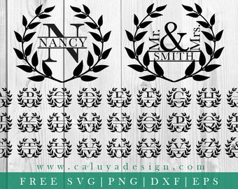 FREE SVG & PNG Link | Wreath Split Monogram Cut Files, svg, png, dxf, eps | Commercial Use | circuit, cameo silhouette | Wedding Monogram