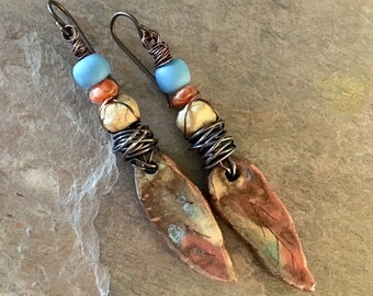 Unusual SandCeramicBeads Earrings, Ceramic Feather Earrings, BHClaysmith Beads, Boho Wire Wrapped Earrings, Rustic Unusual Bohemmian