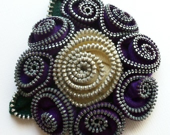 Purple and Ecru Floral Brooch / Zipper Pin by ZipPinning - 2571