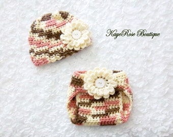 Newborn Baby Girl Crochet Flower Hat and Diaper Cover Set Pink Cream and Brown
