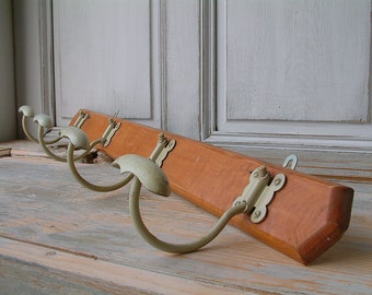 French vintage mid century wood and metal coat hooks. Pale mint green. 4 hooks. Coat hooks. Loft. Industrial