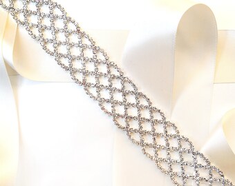 Sash - Lattice Rhinestone Wedding Dress Sash - Silver Rhinestone Encrusted Bridal Belt Sash - Crystal Wide Wedding Belt - Long