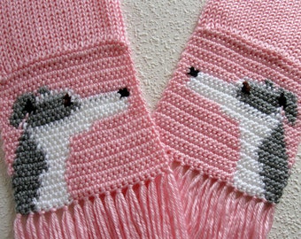 Greyhound dog scarf. Knit and crochet pastel pink scarf with gray and white greyhounds. Knit dog scarf. Greyhound gift
