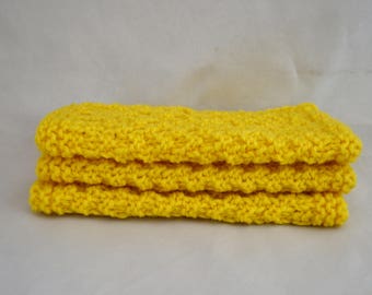 Yellow Knit Washcloths, Knitted Coasters, Cotton Washcloths, Set of 3 Washcloths, Knitted Dishcloths, Mothers Day Gift Idea