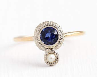 Created Sapphire Ring - Antique 14k Yellow & White Gold Pearl Stick Pin Conversion - Vintage Art Deco 1920s Size 6 3/4 Fine Jewelry