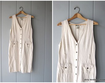 Minimal Market Dress 90s Long Safari Sundress Sleeveless Vintage Modern Button Up Linen Summer Dress Casual Midi w/ Pockets Womens Medium