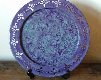 Vintage metal tray vinegar painted in purple on teal