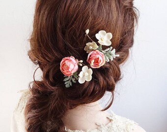 bridal hair clip, flower hair pin, coral pink hair clip, bridal hair piece, pink flower hair clip, floral hair pins, wedding hair pins, rose
