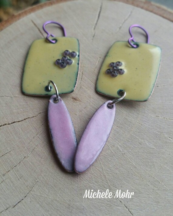 Spring Bloom enamel copper earrings with niobium ear wires. Yellow, pink and fuchsia