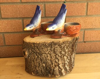 Pair of Vintage Matching Blue Bird Bud Vases, Ceramic Vase, Matching Vases