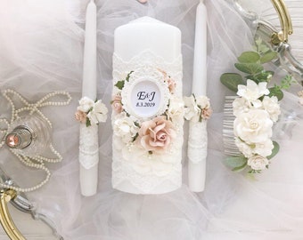 Unity candle set in light pink Unity candle set crystal Unity candle set lace Unity candle set personalized and holder blush wedding decor