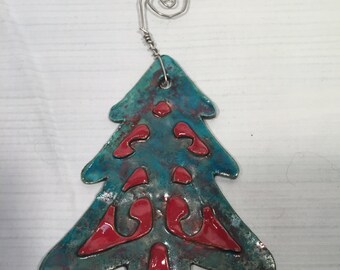 Original Handmade Raku Clay Sculpture - Christmas Ornament - Christmas tree with custom wire hanger