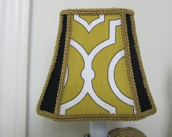 Chandelier Lamp Shade in a Bell Shape Shade in Yellow Mustard patterned Fabric trimmed in Black