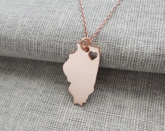 Rose Gold State Necklace Illinois,IL State Pendant Necklace ,State Shaped Necklace,Personalized Illinois State Necklace Silver With A Heart
