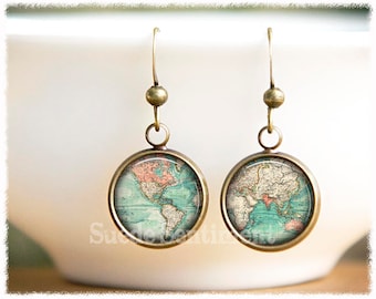 Map Earrings • World Map Jewelry • World Map Gift • Long Distance Friendship • Vintage World Map • Travel Gift