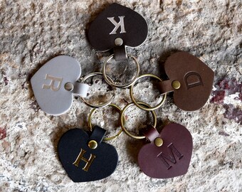 Custom Leather Heart Keychain. Personalized Key fob. Monogrammed Full Grain Leather key chain. Made in USA. Gold and Silver Foil Available.