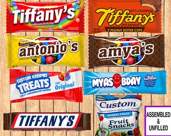 Custom Skittles, Custom Reese's, Custom Rice Krispies Treat,Custom Fruit Snacks,Custom Air Heads,Custom Snickers,Custom Candy!WRAPPERS ONLY!