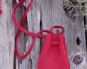 Red leather medicine bag , Red leather necklace bag , Ready to ship , Red amulet bag