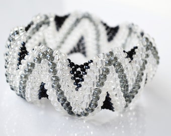 Beaded Cuff bracelet, Black White, Freeform Beaded Bracelet