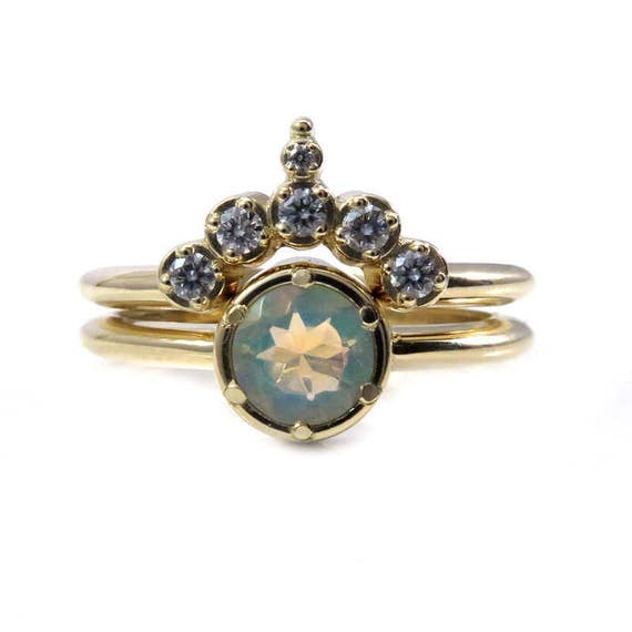 Ethiopian Opal Solitaire Engagement Ring with Pointed Diamond Half Circle Wedding Band - 14k Yellow Gold