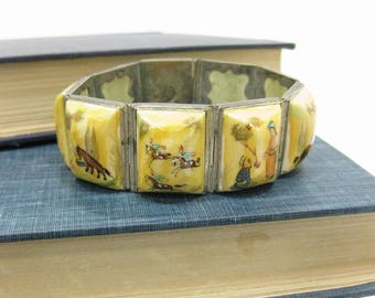 RARE Vintage Carved Bone & Hand Painted Articulated Persian Bracelet