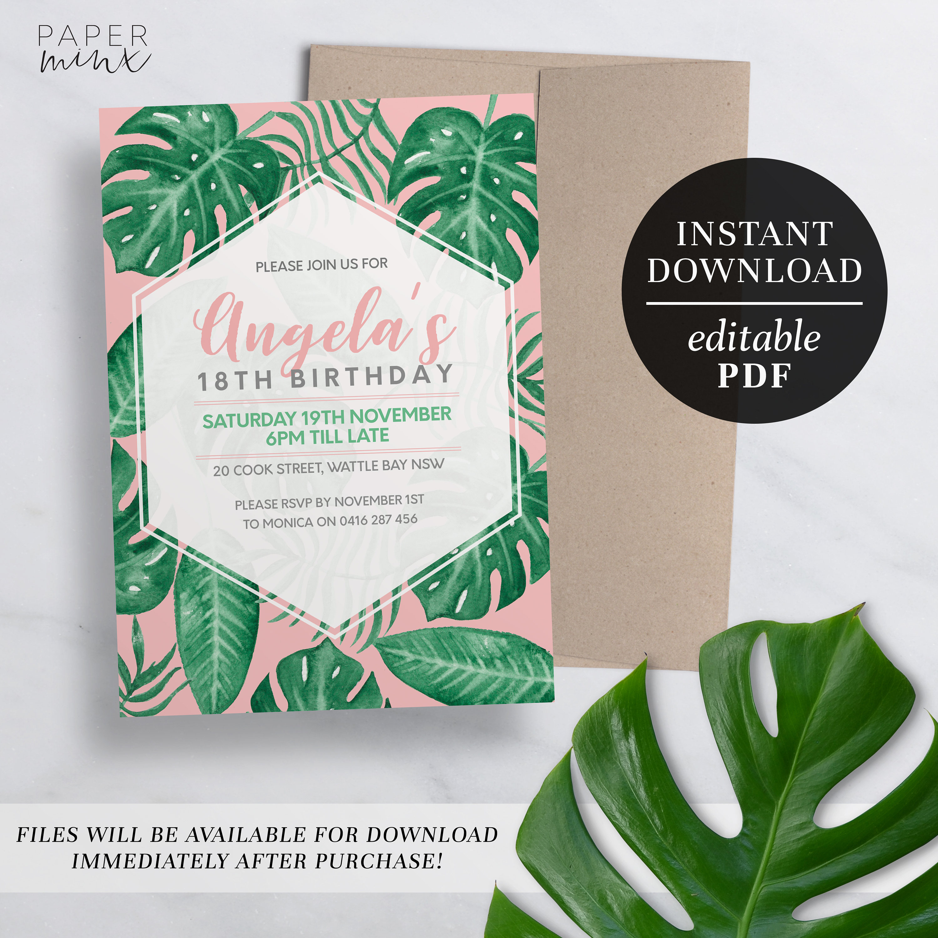 Printable Tropical Invitation Birthday Editable Template