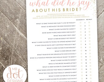 What Did He Say About His Bride - Bride or Groom - printable bridal shower game - gold, pink, glitter - instant digital download