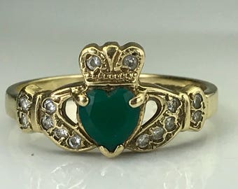 Vintage Emerald Claddagh Ring. Diamond Accents. 9K Gold. Unique Estate Engagement Ring. May Birthstone. 20th Anniversary. Appraised.