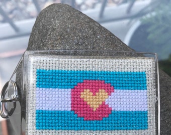 Colorado Love Keychain Colorado Flag with Heart center, Completed Cross stitch same design both sides pastel colors keyring fun cute gift