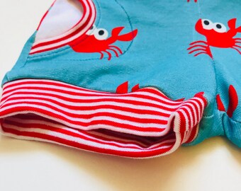 Baby Happy Crab Pocket Shorts | Toddler Pocket Shorts | Unique Custom Baby Clothes | Scandi Clothes | Crab Clothes | Baby Gift | Baby Summer