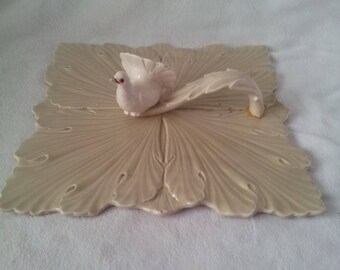 Vintage Ceramic Sage Green Leaf Serving Platter Tray With White Bird Handle