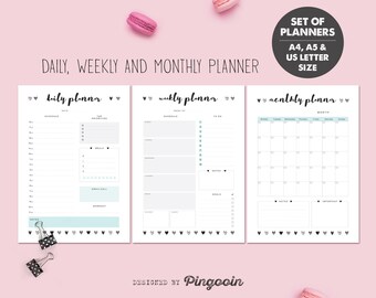 Daily, weekly & monthly printable planners. Planner schedules. Planner set inserts. A4, A5, US Letter. Digital file - instant download. SP04