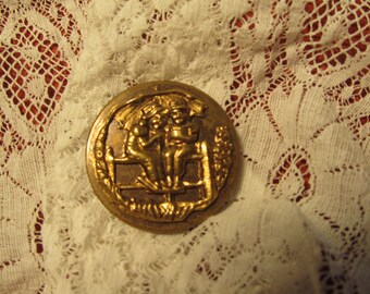 antique button, brass, kate greenaway, children with umbrella
