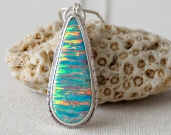 Green Aura Opal Teardrop Pendant - Cultured Opal, Cultured Opal Necklace, Cultured Opal Jewelry, Monarch Opal Jewelry Necklace, Statement