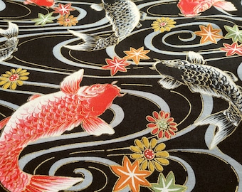 KOI ( Carp ), Black, Red. Japanese maple. Japanese fabric. Japanese cotton fabric. Fabric by half yard or half meter