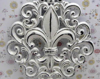 Fleur de lis Ornate Decorative Cast Iron Wall Art Classic White Distressed FDL Wall Decor French Decor Paris Shabby Elegance