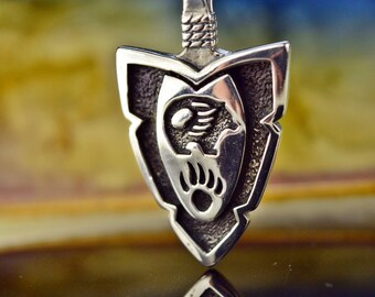 Sterling Silver Medium Arrowhead Pendant with a shadowboxed Grizzly Bear & Bear Paw