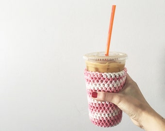 pink and white iced coffee cozy. Crochet coffee cozy. stocking stuffer. Pink ombre cup cozy. Cotton cup sleeve. Eco friendly cup jacket.