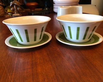Pair of Vintage 1960s Lagardo Tackett for Schmid Porcelain Green Striped Ice Cream Bowls with Saucers