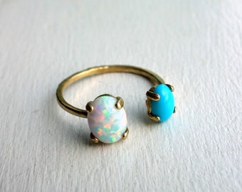 Brass Dual Stone Ring- Opal and Turquoise - Golden Turquoise and Opal Two Stone Open Topped Ring