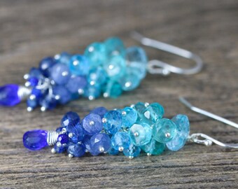 Blue Gemstone Earrings, Blue Sapphire Earrings, Blue Topaz Earrings, Kyanite Earrings, Apatite Earrings, Blue Dangle Small Cluster Earrings