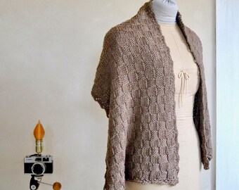Natural Brown Merino Wrap / Shawl Hand Knit Extra Soft & Sumptuous Light Washable Wool Scarf